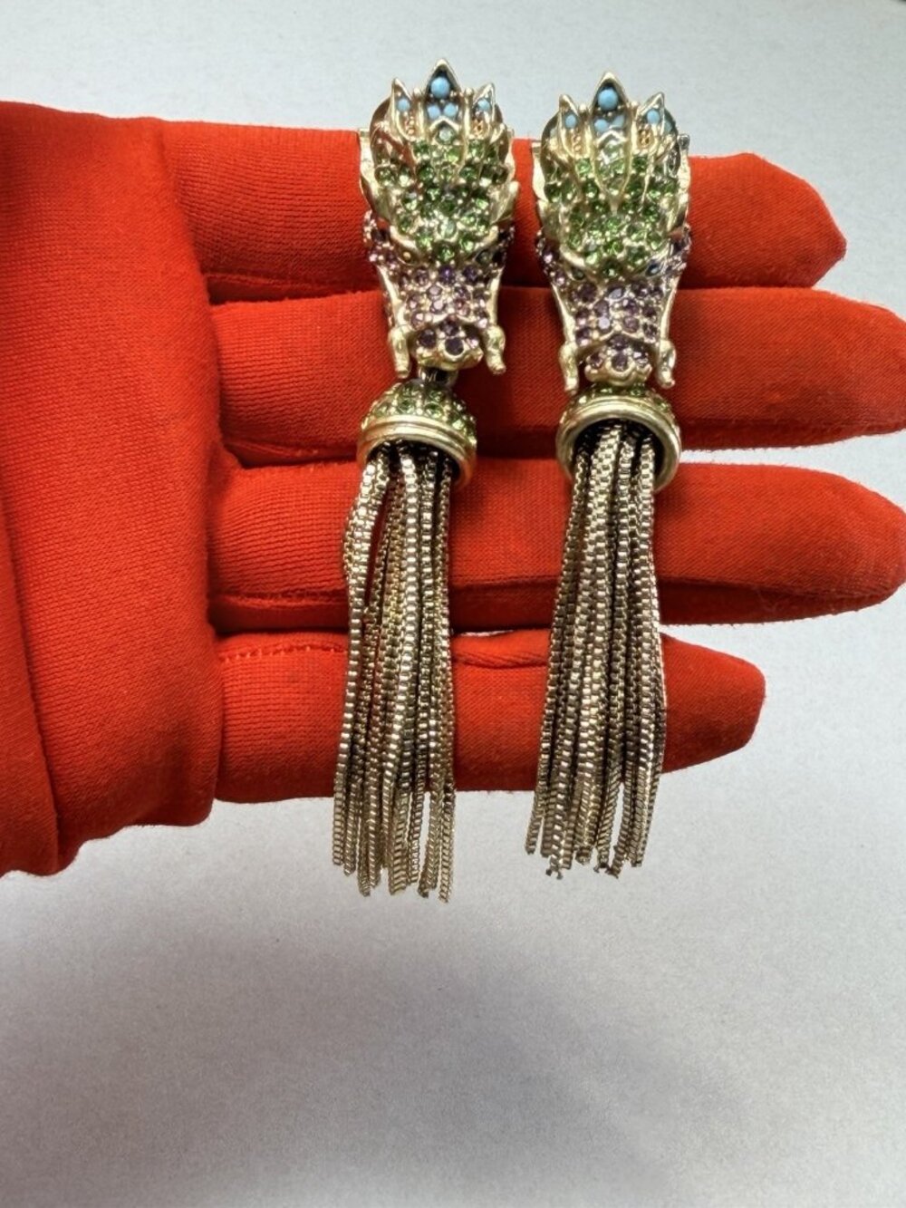 Dramatic Earrings HeidiK Dragon Tassel Earrings Green Blue Crystal Statement